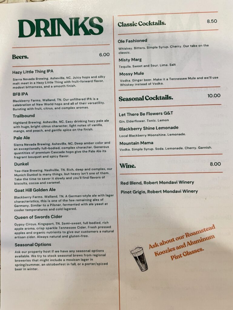 Roamstead Smoky Mountains Campground Menu